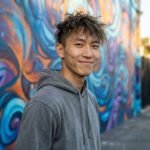 Man smiling by mural